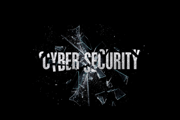 The words cyber security like cracked glass