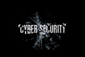 The words cyber security like cracked glass on black background