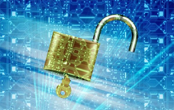 A gold lock on a blue background with digital code