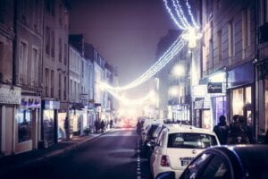 dark highstreet with christmas lights illustrate how to keep your business data safe over the festive periodto