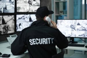 Security Guard on the telephone in front of 5 CCTV Security Monitors