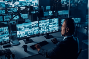 Security guard looking at CCTV monitors in industrial unit Swansea South Wales