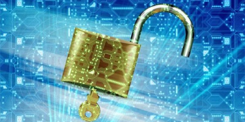 A gold lock on a blue background with digital code to support some security tips on keeping your passwords safe