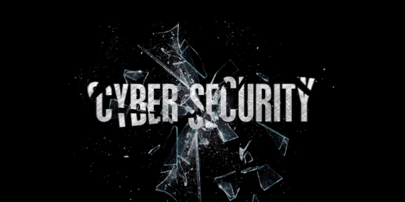 The words cyber security like cracked glass on black background